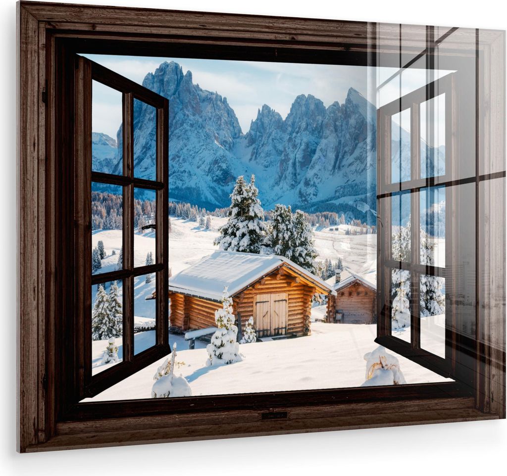 MuchoWow Glasbilder - Bilder auf Wandbild - Foto auf Glas Aussicht - Winter - Landschaft - Hütte - Berge 40x30 cm Wanddekoration aus Glas - Acrylg...
