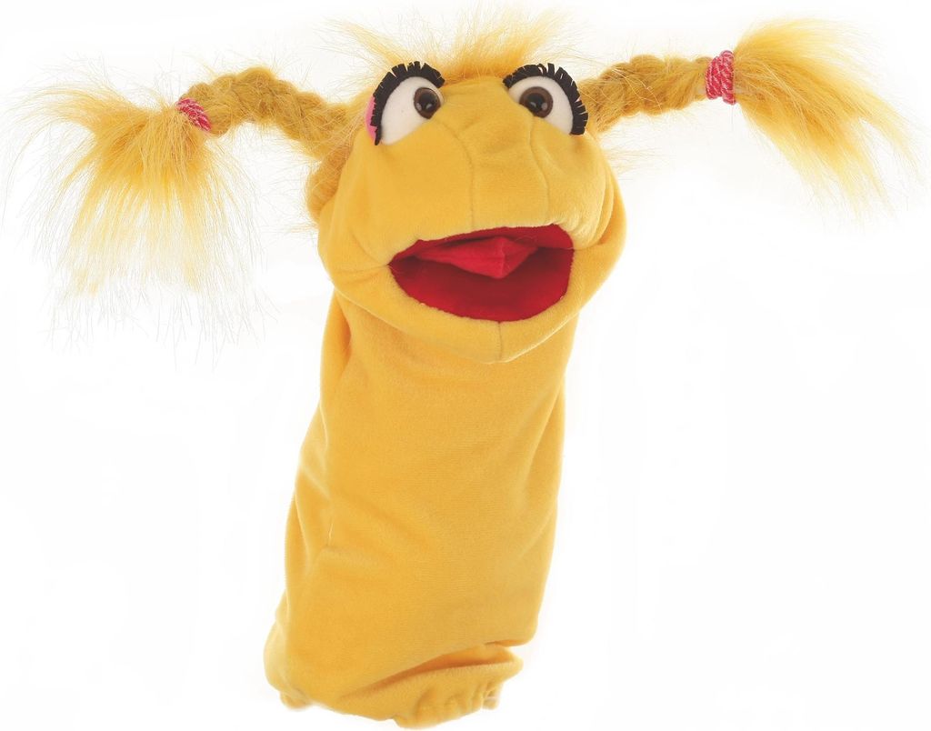 A yellow sock puppet with braided blonde hair and pink ties, with large eyes and an open mouth showing a red tongue.