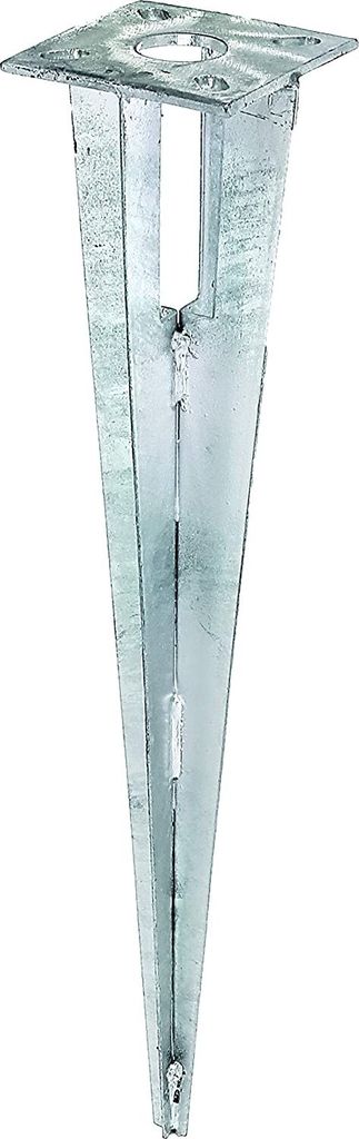 A single, galvanized metal ground spike for fence posts, shown against a white background.