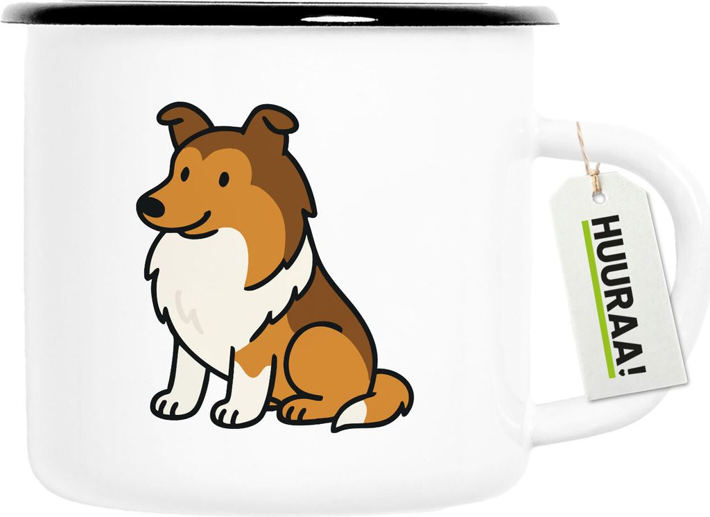Huuraa Emaille Tasse Collie Comic Colli 300ml Vintage Campingbecher Geschenkidee