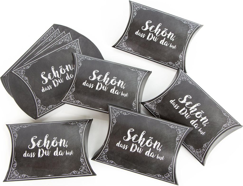 10 Stück kleine schwarz weiß Geschenkbox Geschenkschachtel 14,5 x 10,5 + 3 cm Höhe SCHÖN DASS DU DA BIST Tafelkreide Look Schachtel Tischkarte ...