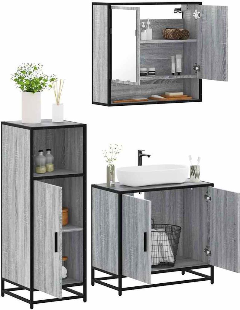 "2026 Promotion" 3-tlg. Badmöbel-Set moderne - mit Stauraum - Grau Sonoma Holzwerkstoff - Badezimmer CC15997