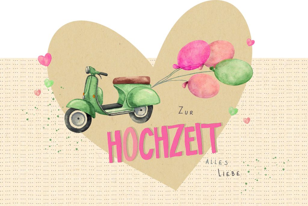 Hochzeit Green Line Laser Art Karte mit Umschlag Moped mit bunten
