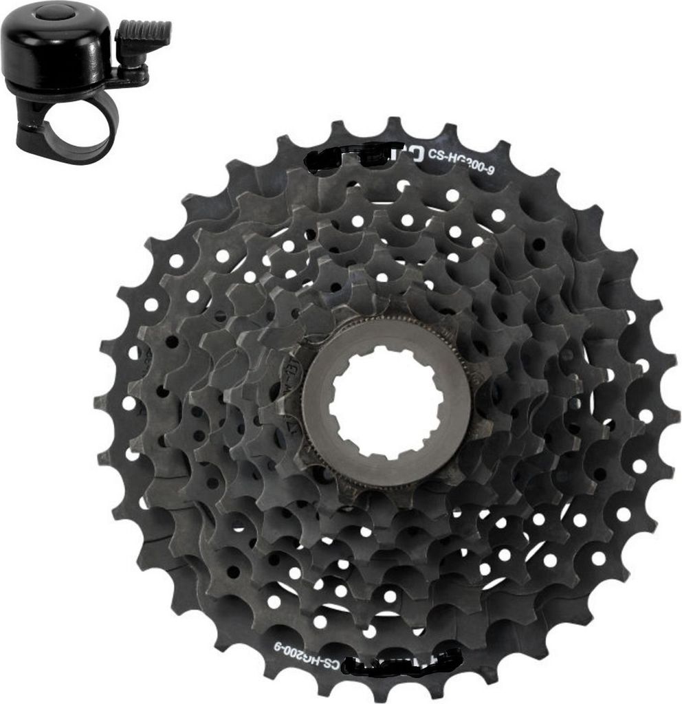 maxxi4you Shimano Kassette CS-HG200 9-fach 11-34 Zähne Schwarz inkl. maxxi4you Fahrradklingel