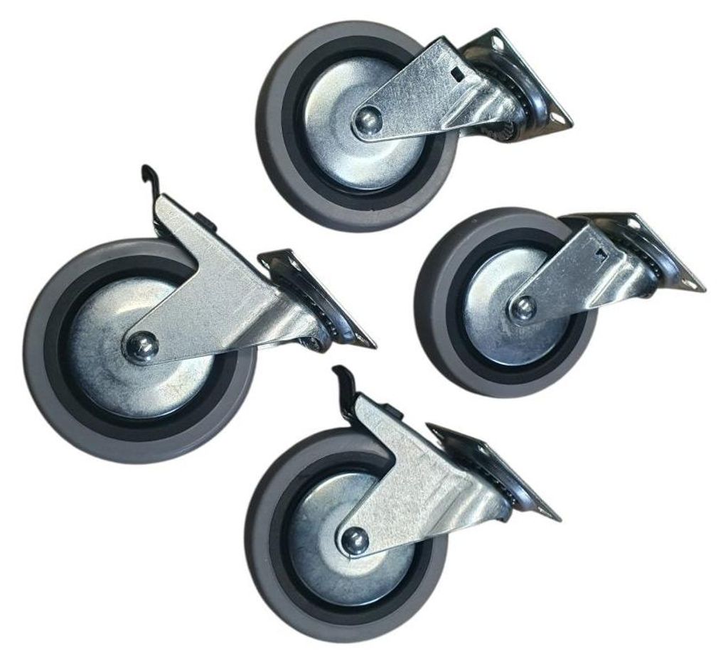 4-Zoll-Rad, 2x drehbar und 2x feststehend, Trolley-Rolle, Gummi, 100 mm, auf Platte, 50 kg, Grau (Packung mit 4 Rädern)