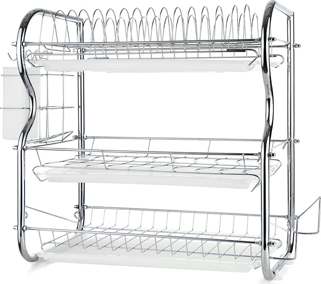 Multifunktionales 3-Tier-Geschirrregal Kuechenbedarf Lagerregal Abtropfgestell mit Essstaebchen / Messer / Schneidebretthalter Abtropfbrett