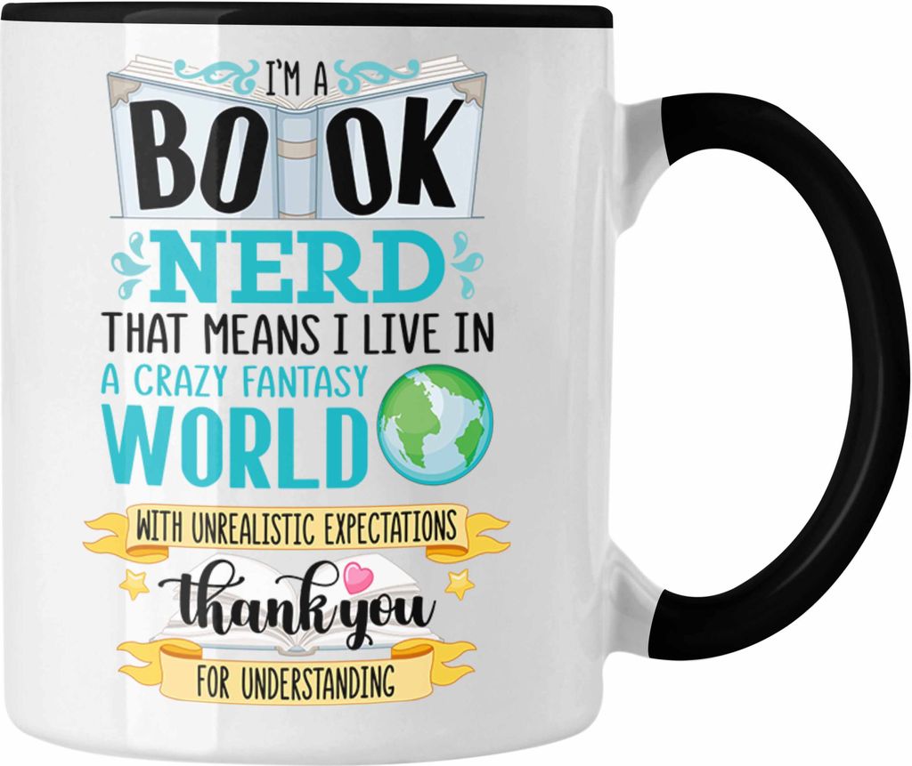 Trendation - Lesen Kaffeetasse Leseratte Geschenkidee Buch Leser Tasse mit Spruch Bücherwurm (Schwarz)