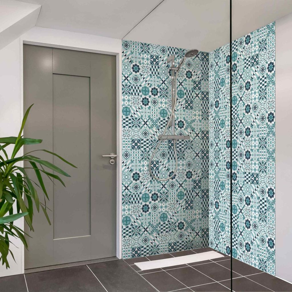 Duschrückwand mit Motiv selbstklebend - 0.61 mm Wandpaneel wasserfest Design türkis Fliesenoptik Illustration Badrückwand fugenlos Premium matt...