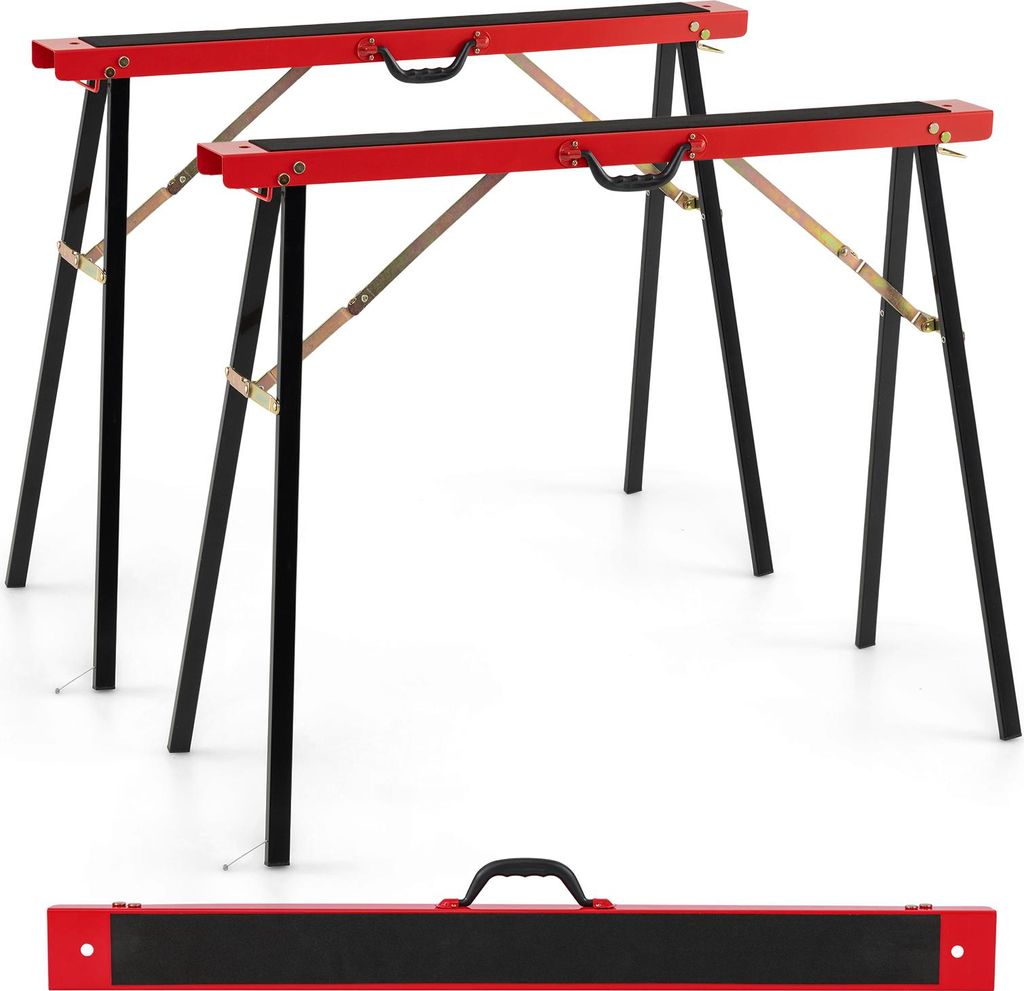 COSTWAY 2er-Set Sägeböcke, Arbeitsböcke Klappbar Metall bis 375 kg, Sägebock mit rutschfester Oberseite, Scharnierspange & Tragegriff, Gerüstbock