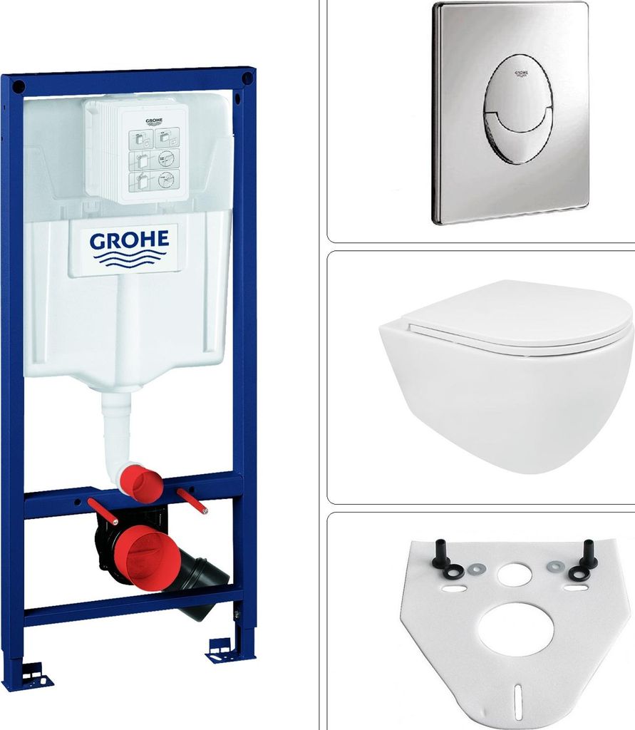 BB INFINITY Wand WC spülrandlos mit SoftClose WC-Sitz & Grohe Vorwandgestell + Betätigungsplatte, chrom