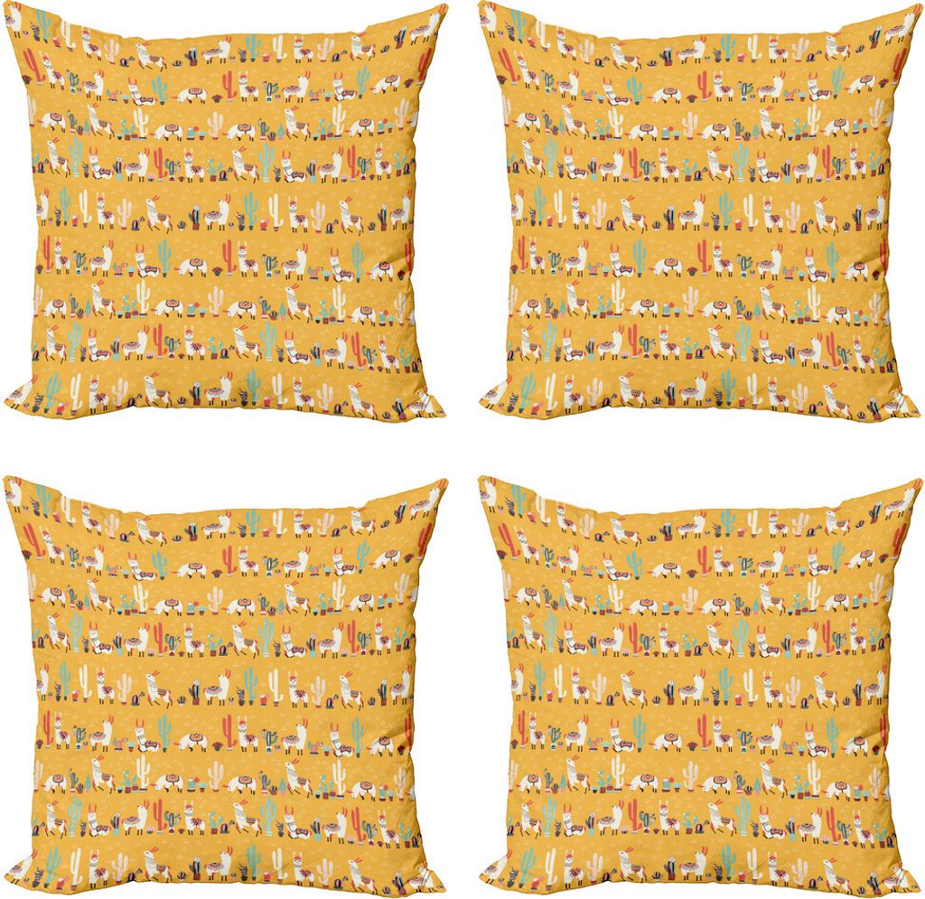 ABAKUHAUS Lama Kissenbezug Set (4 Stück), Doodle Tiere Ethnic, Moderner Doppelseitiger Digitaldruck, 40 cm x 40 cm, Mehrfarbig