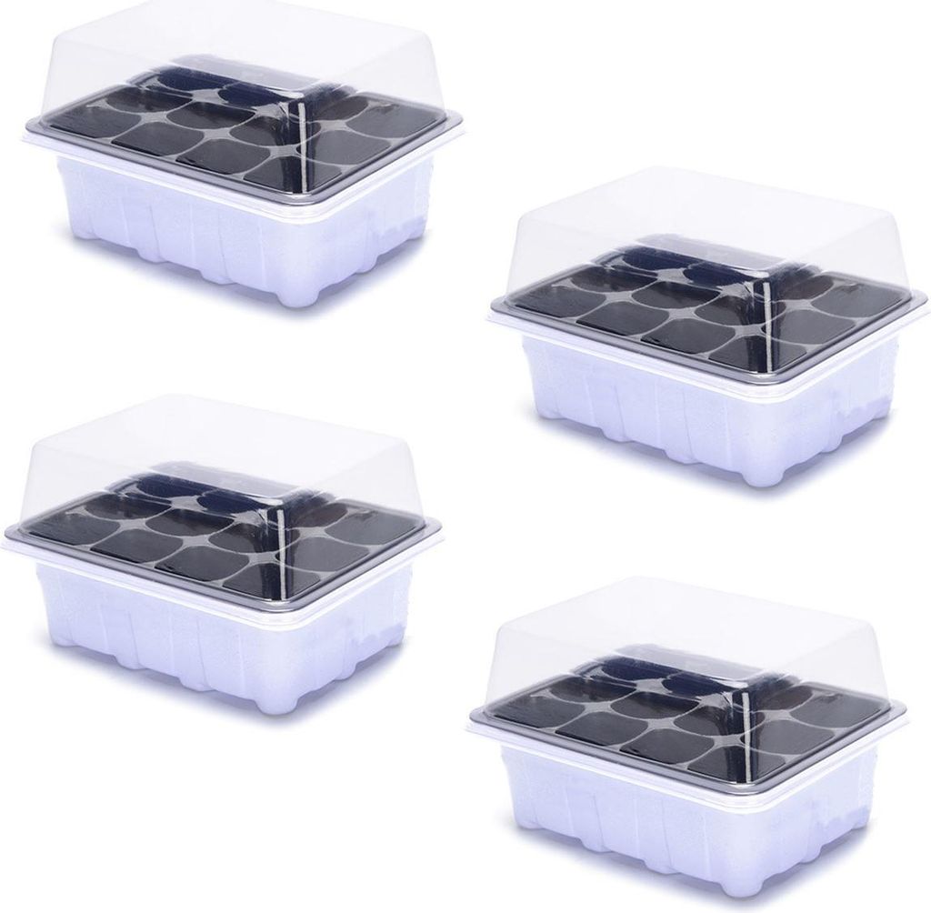 Anzuchtschalen, 4er-Pack, 12 Zellen, verdicktes Anzuchtschalen-Set mit Kuppel-/Erhöhungsdeckeln, robuste Anzuchtschalen für Gewächshaus und Gart...