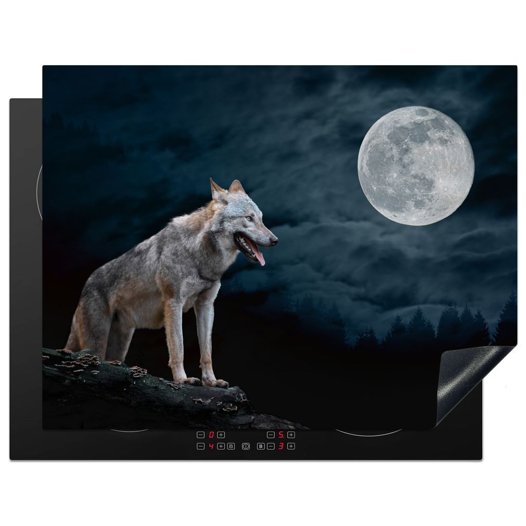 KitchenYeah Herdabdeckplatte Wolf - Mond - Nacht - Tiere - Porträt , 77x59cm, Küche Deko, Glaskeramikkochfeld Herdabdeckung, Abdeckplatte fùr ...