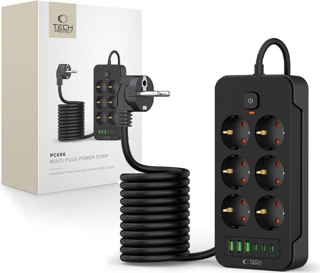 A black multi-plug power strip with USB ports and its packaging are shown against a white background.