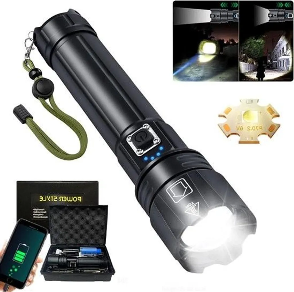 Torcia LED P70 super luminosa - 250.000 lumen - ricaricabile - XHP70.2 - zoomabile - impermeabile IPX7 - campeggio, escursioni, emergenza - nero