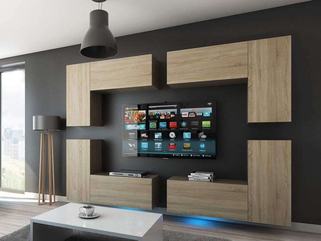 Furnitech Wohnwand Wohnzimmer - Wohnzimmer Möbel mit LED Blau - Hängend Wohnwand Modern - Regale und TV Schrank (Future C20_M_S_4 1A)