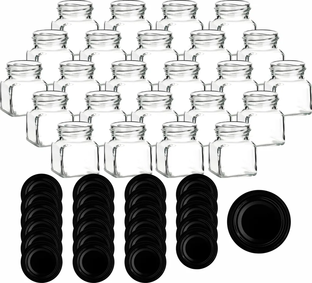 Set 24 Barattoli Vetro 120ml Quadrati con Tappo a Vite Nero per Conserve