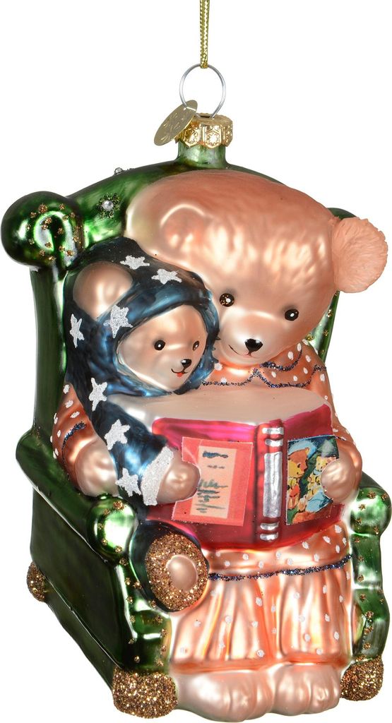 Christbaumschmuck Glas 11,5cm Teddys im Sessel Figur Grün / Beige