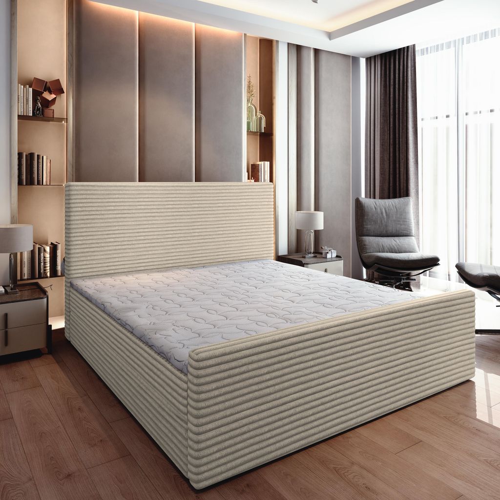 Masseno Boxspringbett BRENTO 140x200 cm Komplett-Set mit Bonell Matratze und Topper, Polsterbett mit Bettkästen -Creme, TILIA 03