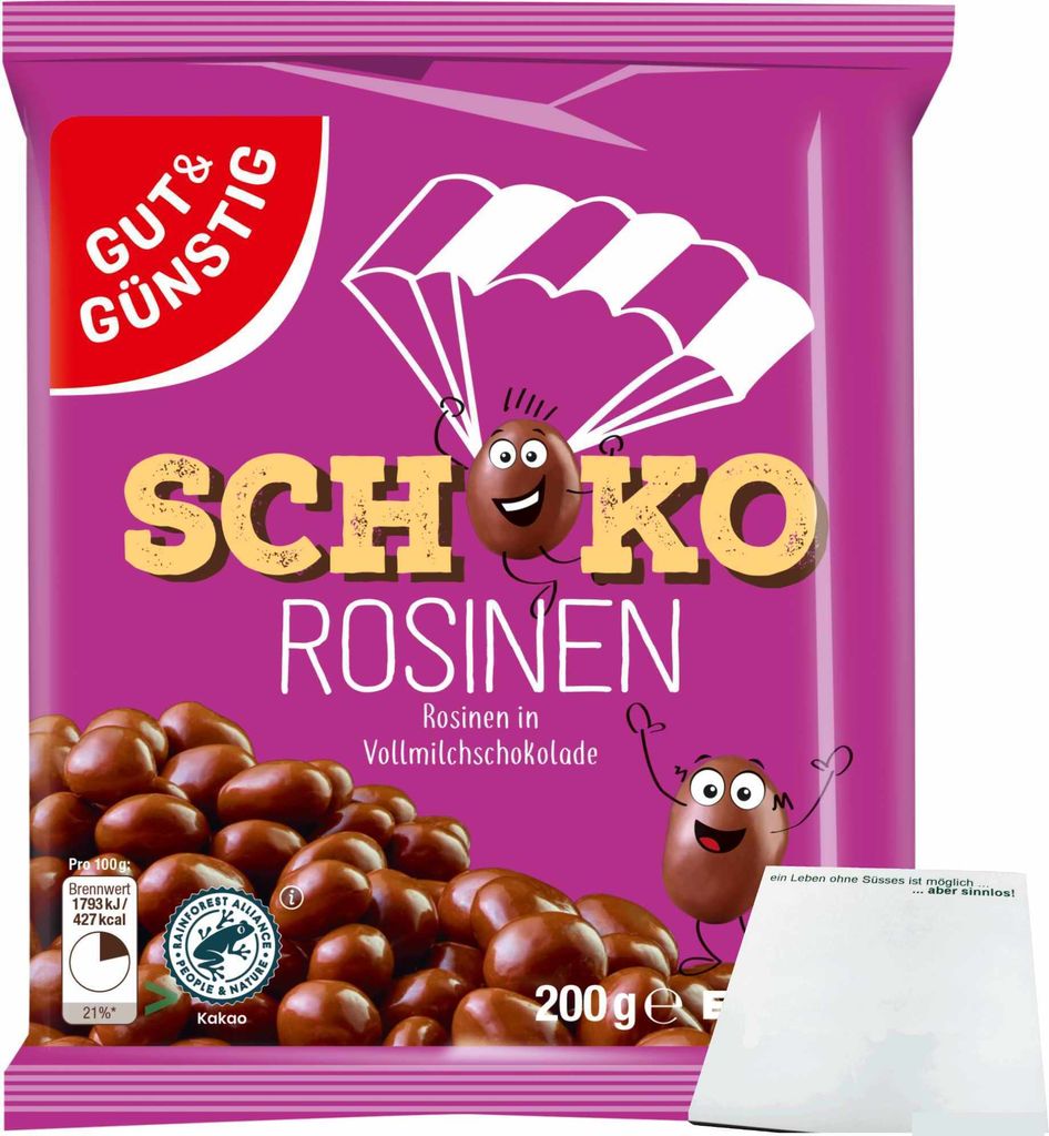Gut & Günstig Schokolierte Rosinen in Vollmilchschokolade (200g Packung) + usy Block