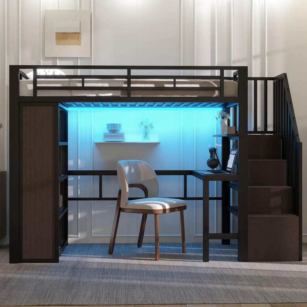 Lit Mezzanine avec LED et Bureau Noir 90x200 cm - Structure Métal Robuste - 2