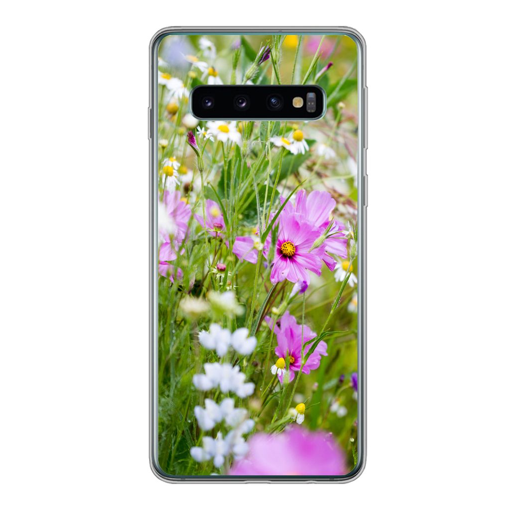 MuchoWow Handyhülle Schutzhülle Hülle für Samsung Galaxy S10 Blumen - Natur - Grün - Gras - Lila - Weiß Silikon Softcase Handy Hülle - Han...
