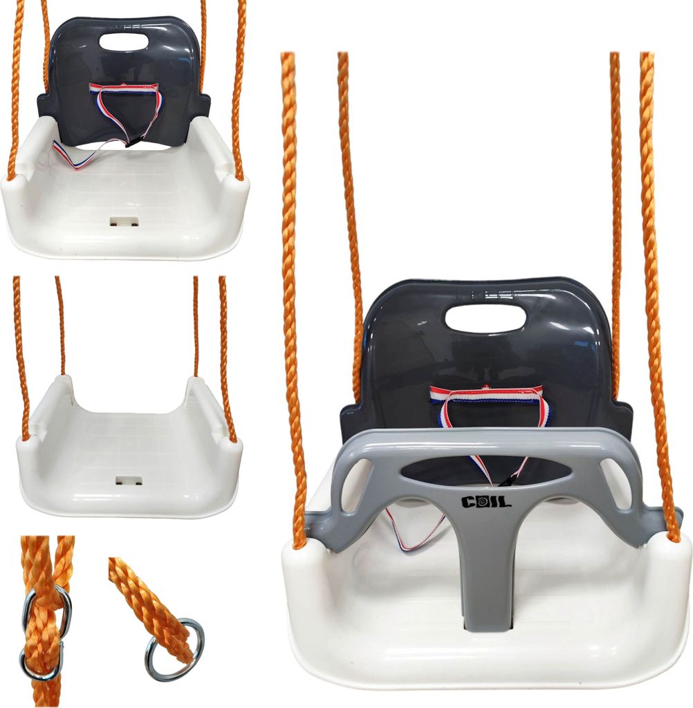 A collage of images showing a baby swing seat from different angles, including close-ups of the ropes and attachment rings.