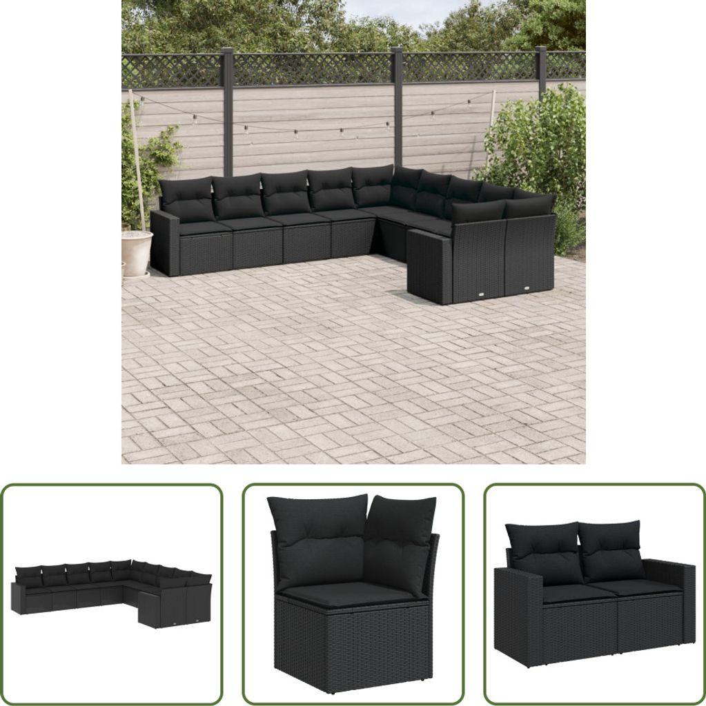 The Living Store 10-tlg. Garten-Sofagarnitur mit Kissen Schwarz Poly Rattan