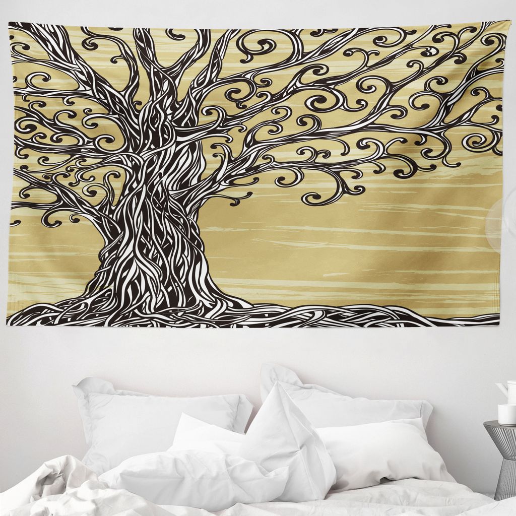 ABAKUHAUS Baum des Lebens Wandteppich, Natur Eco Sketchy aus Weiches Mikrofaser Stoff Waschbar ohne Verblassen Digitaldruck, 230 x 140 cm, Senf Braun