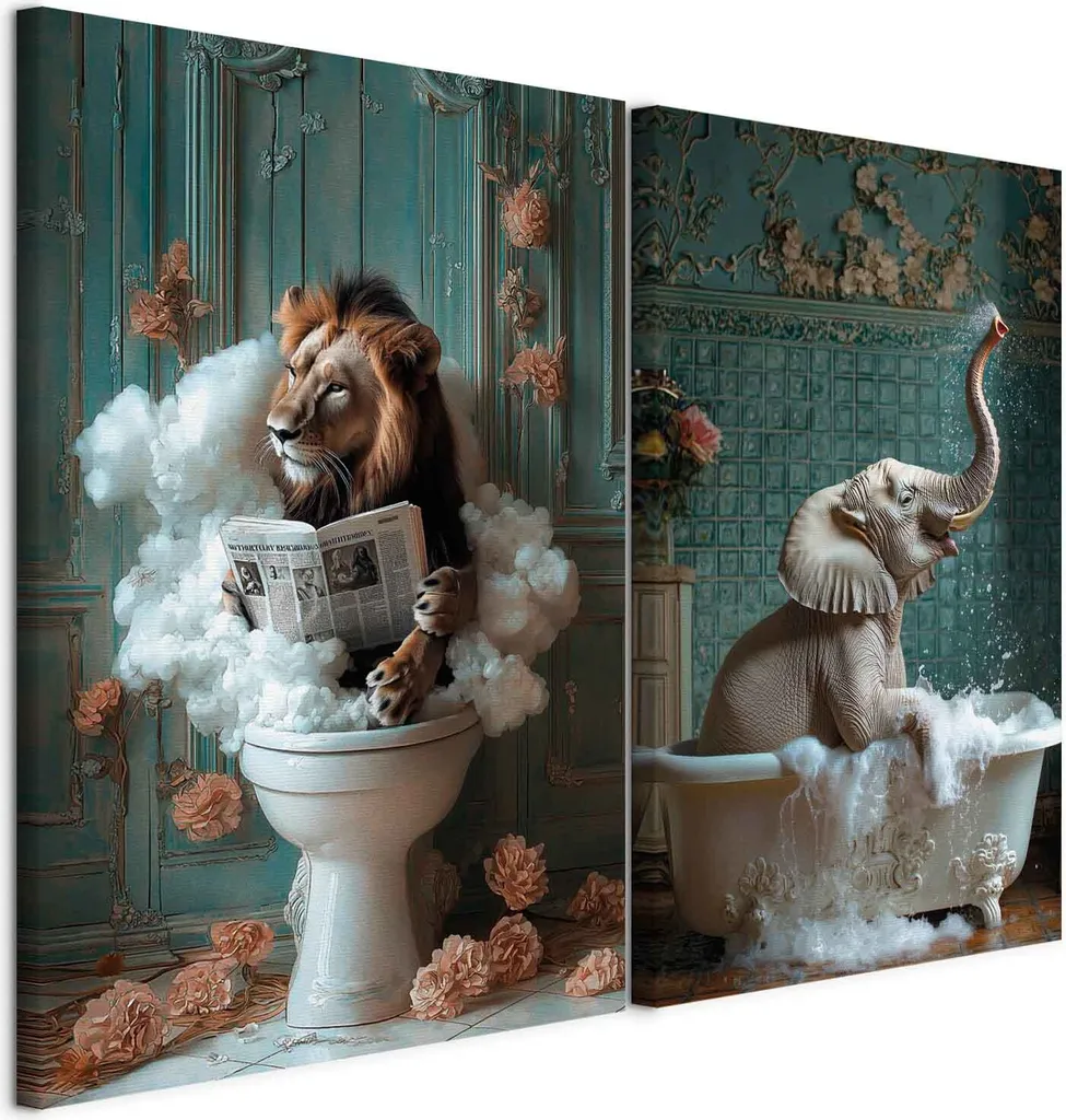 murando - Set di dipinti a mano Leone ed Elefante su tela 120x90cm 2 pezzi ciascuno 60x90cm Collage 2er Fleece Art Pictures come dipinto a mano Grande Arte da Parete XXL - Immagine per Animali da Toilette g-H-10138-b-a