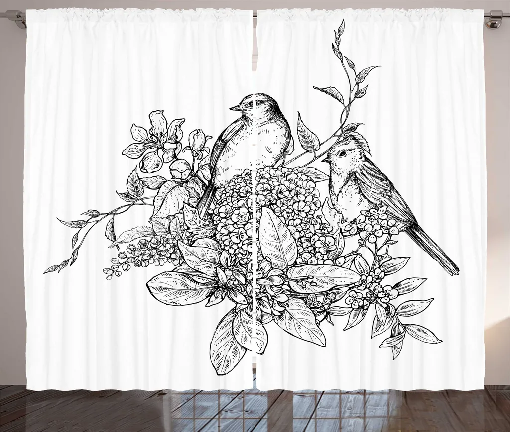 Grand Rideau de Salon à Motifs Oiseaux Gris Anthracite 280x225 cm avec Crochets