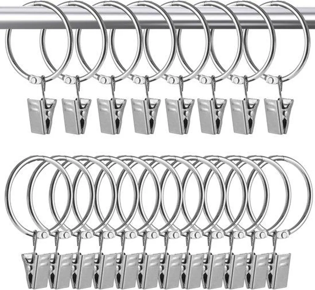 Anneaux de rideaux métalliques 40 mm argentés avec clips - Lot de 20