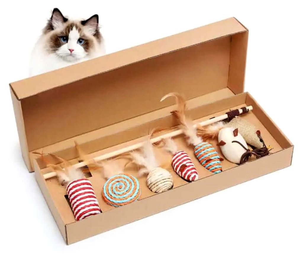 Katzenspielzeugset aus Naturmaterialien – 7-teilig mit Bällen, Mäusen, Federn und Holzangel – Interaktiv, plastikfrei, nachhaltig – Für Ka...