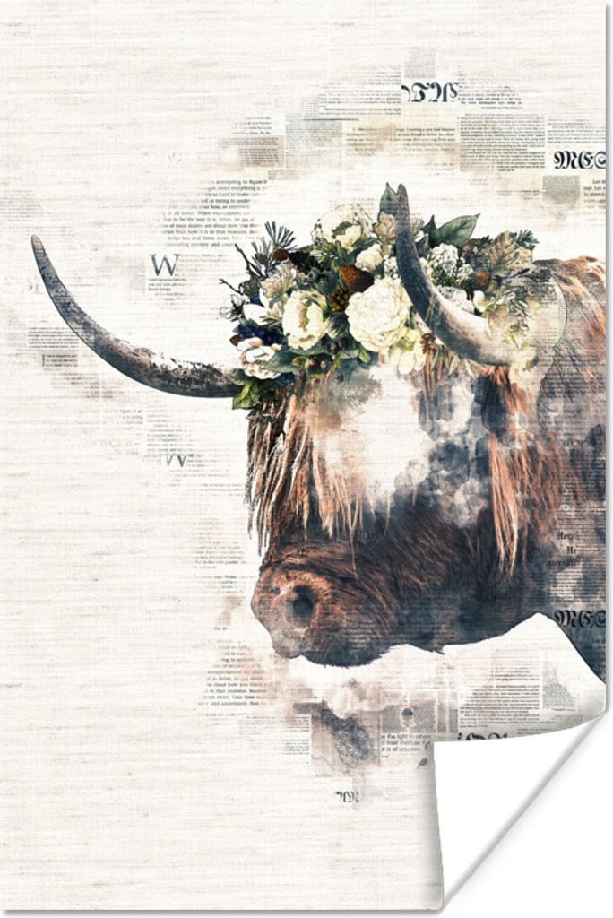 MuchoWow Poster Scottish Hochlandrind - Blumen - Zeitungspapier 120x180 cm - Kunstposter