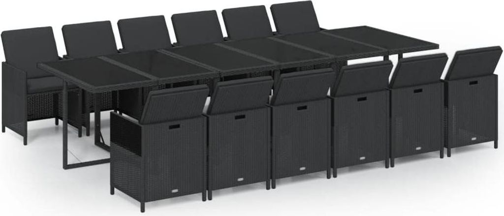 vidaXL 13-tlg. Garten-Essgruppe mit Kissen Poly Rattan Schwarz