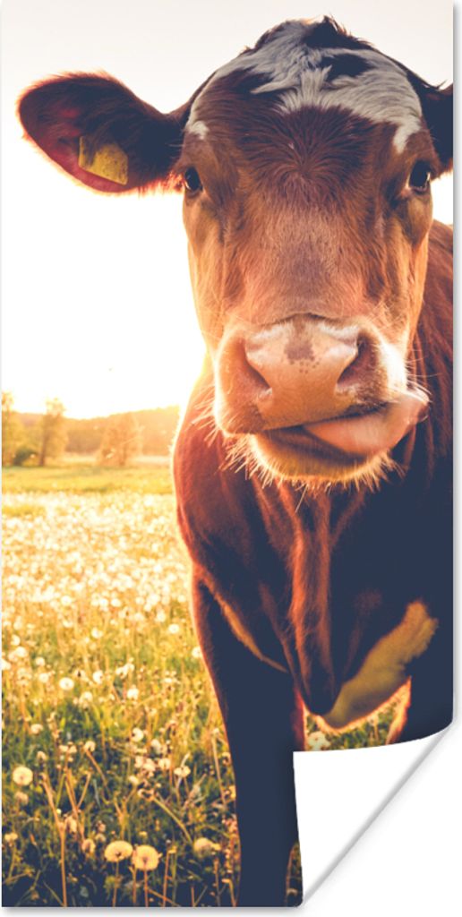 MuchoWow Poster Kuh - Sonnenuntergang - Blumen - Gras - Tiere 80x160 cm - Kinderzimmer