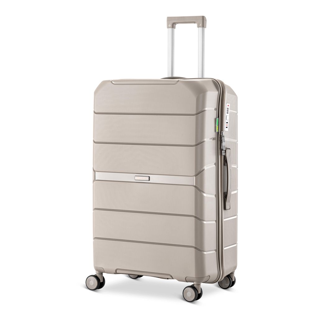 SKYCASES Urban Adventurer – Mittlerer Hartschalenkoffer 78 L – 4 Spinner Rollen und Zahlenschloss – Beige 44 x 27 x 66 cm
