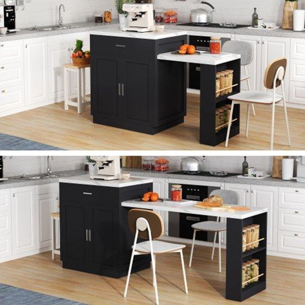 Keukeneiland met uitschuifbare eettafel, tweekleurig, compact, voor 4-6 personen, met stopcontact, opbergkast en 2 lades