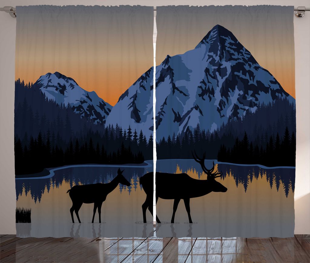 ABAKUHAUS holzig Rustikaler Gardine, Berg Deer durch den See, Wohnzimmer Universalband Gardinen mit Schlaufen und Haken, 280 x 225 cm, Schiefer-Bla...