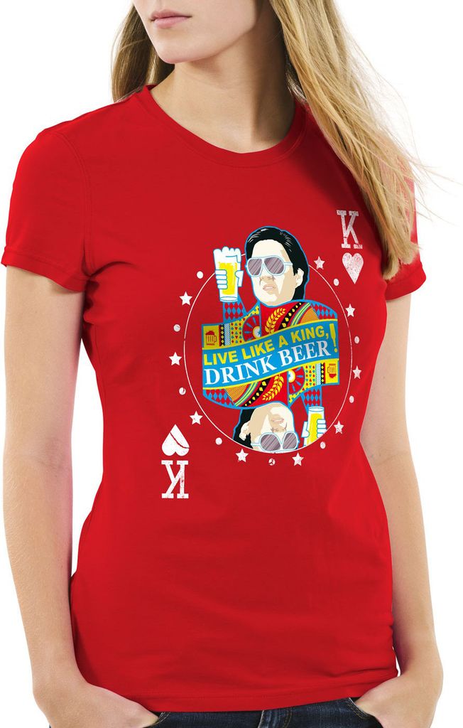 style3 Live like a King! Drink Beer! Damen T-Shirt Lebe wie ein König! Trinke Bier! Chow hangover Las Vegas, Farbe:Rot, Größe:XS