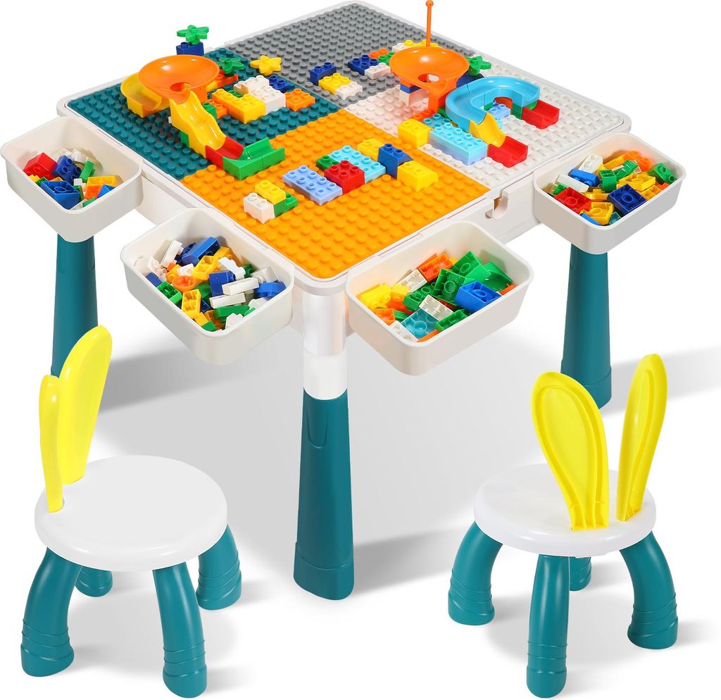 Jayseuw Kindertisch mit Stühle Kindersitzgruppe mit 251Stück Bausteine Mehrzweck Tabelle ,mit 2 Stühlen,Sitzgruppe für Kinder mit Stauraum