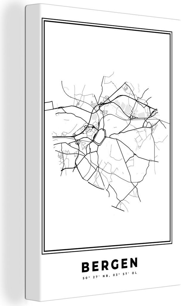 OneMillionCanvasses - Leinwandbilder - 90x140 cm, Karte - Mons - Schwarz und weiß - Stadtplan - Belgien, Wandbilder Kunstdruck Wanddekoration - ...