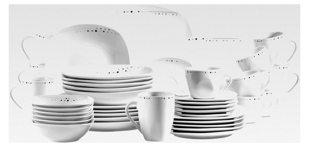 Kombiservice 42-teilig, Porzellan Geschirr-Set für 6 Personen, Weiß, Schwarz, Grau