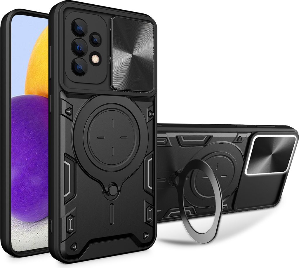 Handyhülle für Samsung Galaxy A72 Dual-Layer Stoßfest Rüstung Hülle mit Dia Kameraschutz und Kreisförmig Ring Ständer Schwarz