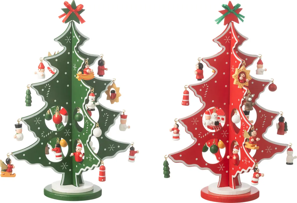 Sapin de Noël Décoratif en Bois Pliable Rouge et Vert - Set de 2 Pièces