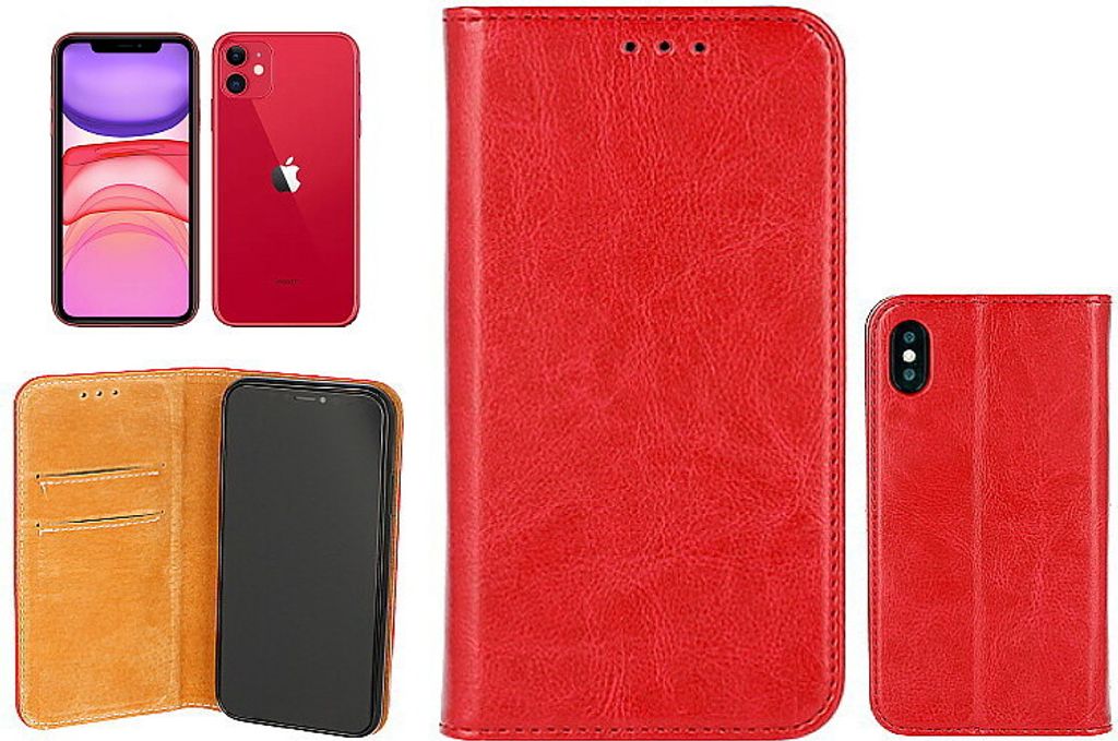 OLLI BookCase - für Apple iPhone 11 – REAL LEATHER red, aus handgefertigtem, rotem Echtleder