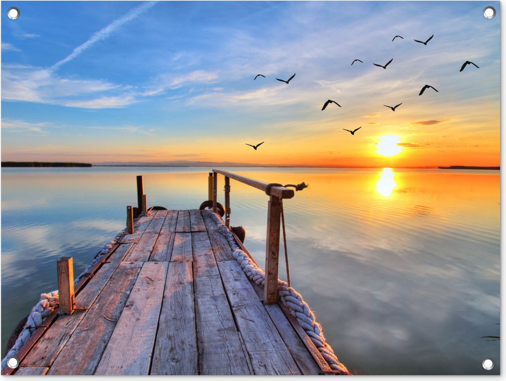 MuchoWow 80x60 cm Outdoor-Poster Gartendeko Sichtschutz Garten Poster für den Garten Wasser - Steg - Vögel - Sonnenuntergang - Horizont