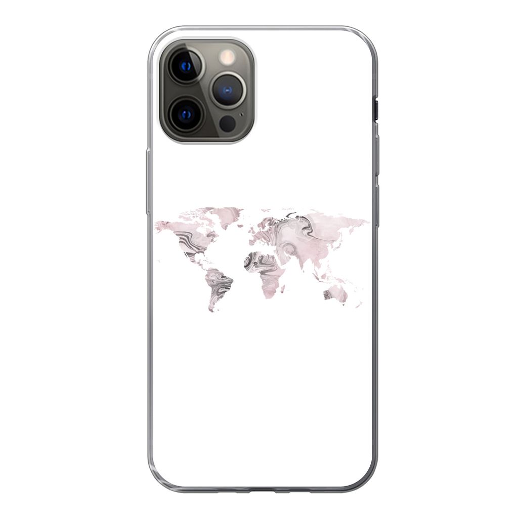 MuchoWow Handyhülle Schutzhülle Hülle für iPhone 12 Pro Weltkarte - Marmor - Grau Silikon Softcase Handy Hülle - Abdeckung