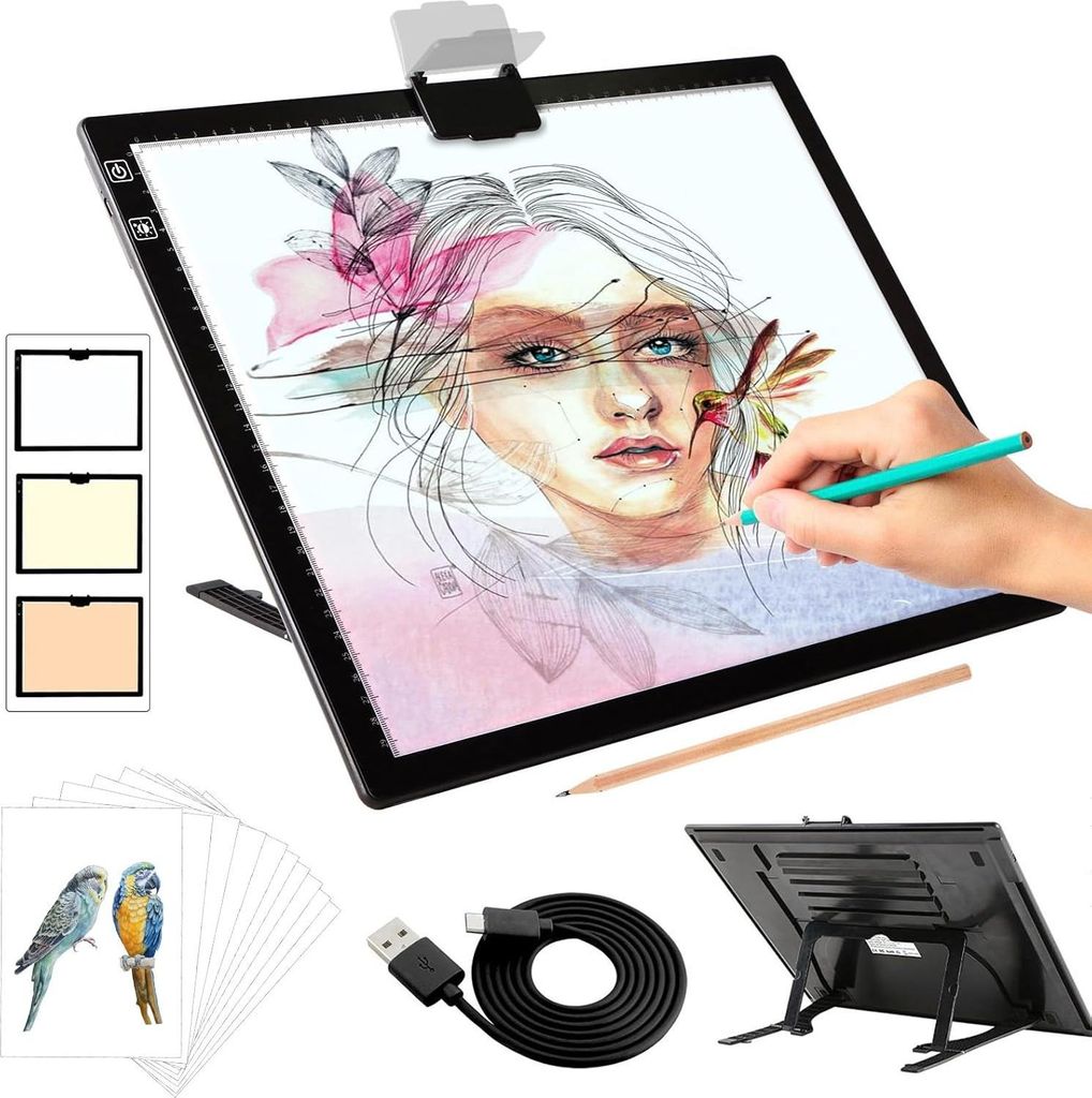 leuchttisch A3,Wiederaufladbares leuchtkasten mit Ständer/Clip,3 Farben stufenlos dimmbar und 6 Helligkeitsstufen,diamond painting Zubehör,lightp...