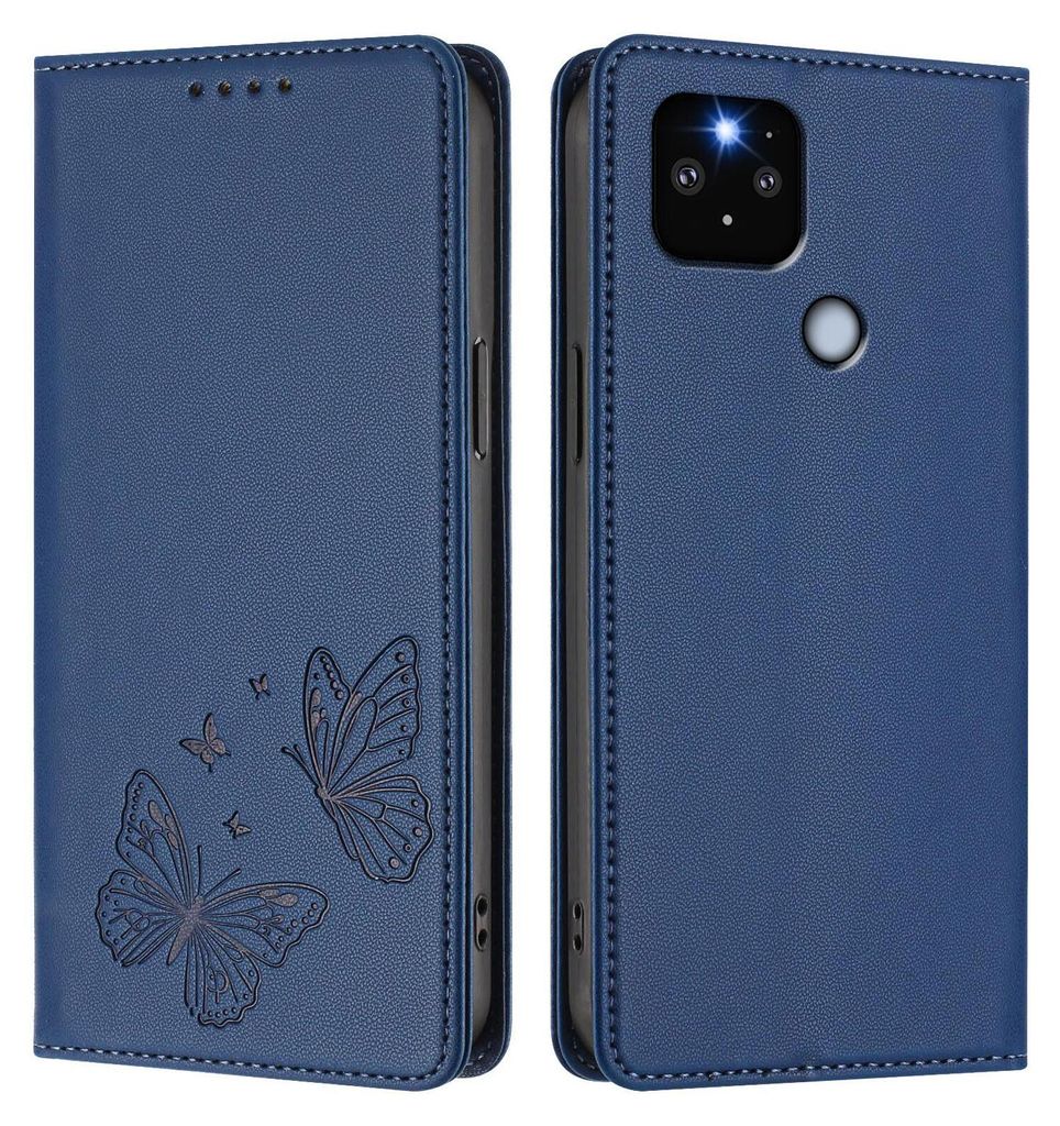 Lederhülle für Google Pixel 5 XL/Pixel 4A 5G, Schmetterling Prägung Leder Brieftasche Schutzhülle mit Ständer Dunkelblau